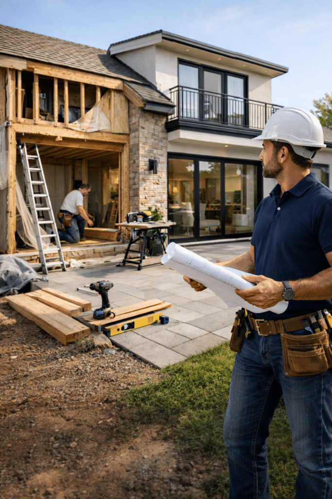 Projet de Rénovation Maison : Architecte avec Plans de Chantier Architecte avec plans supervisant la rénovation d'une maison moderne, ouvrier et outils de chantier au second plan.